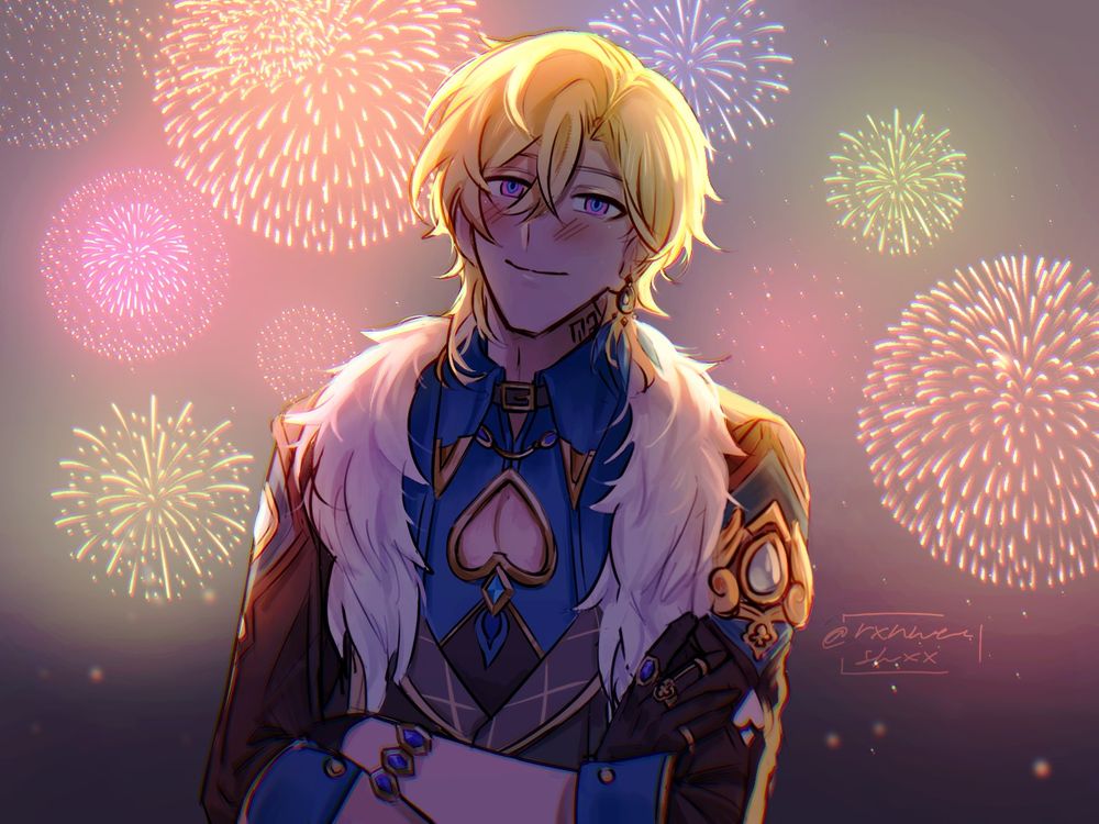 The character Aventurine from Honkai Star Rail with fireworks behind him.