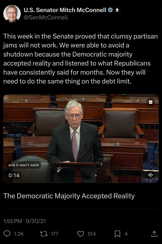 Screenshot of a McConnell tweet declaring “this week in the Senate proved that clumsy partisan jams will not work” after he filibustered a Democratic spending bill and Democrats agreed to allow a McConnell-preferred clean bill to pass to avert a shutdown.