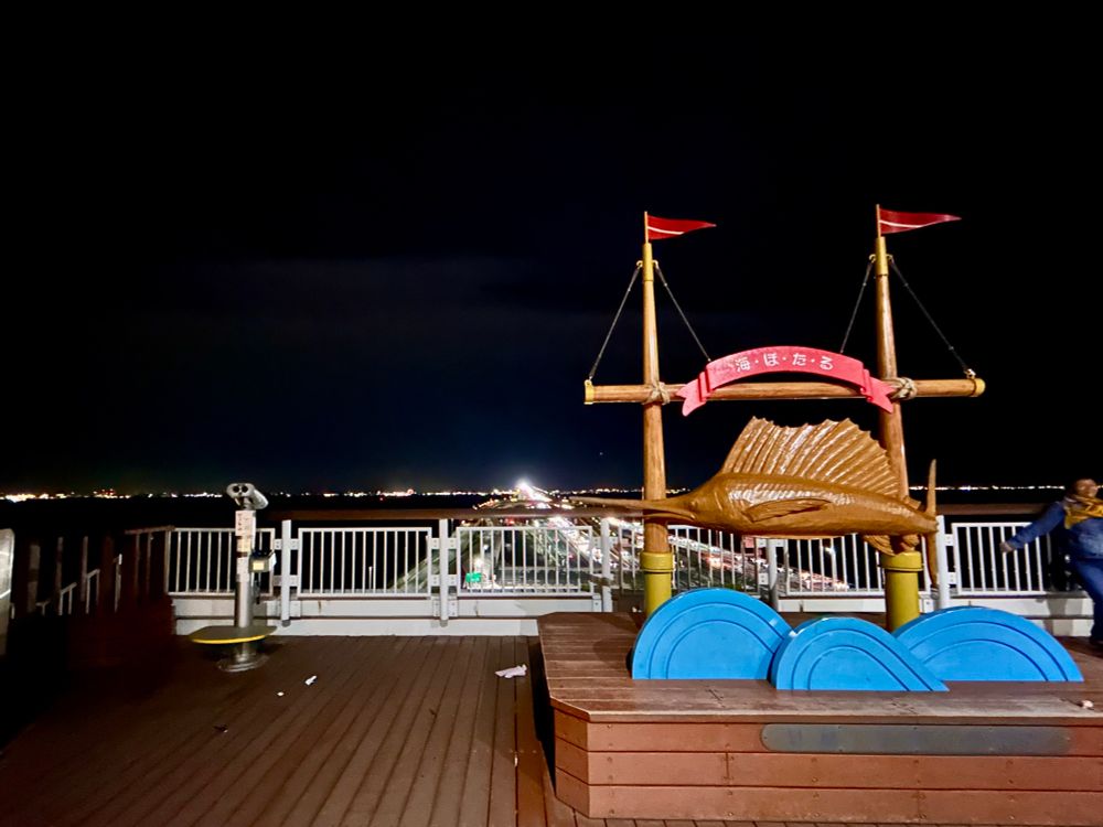 海ほたる展望デッキより木更津方面の夜景
木更津から海ほたるに向かってくる車のヘッドライトの帯
木更津に向かうテールランプはまばら