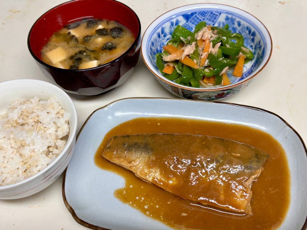 鯖の味噌煮
ピーマンとニンジンのツナ和え
豆腐と長ネギと焼き海苔の味噌汁
もち麦入りごはん