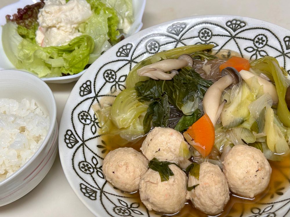 中華スープのごった煮(鶏団子、青梗菜、長ネギ、キャベツ、ニンジン、ぶなしめじ、春雨)
サニーレタスとポテトサラダ
ごはん