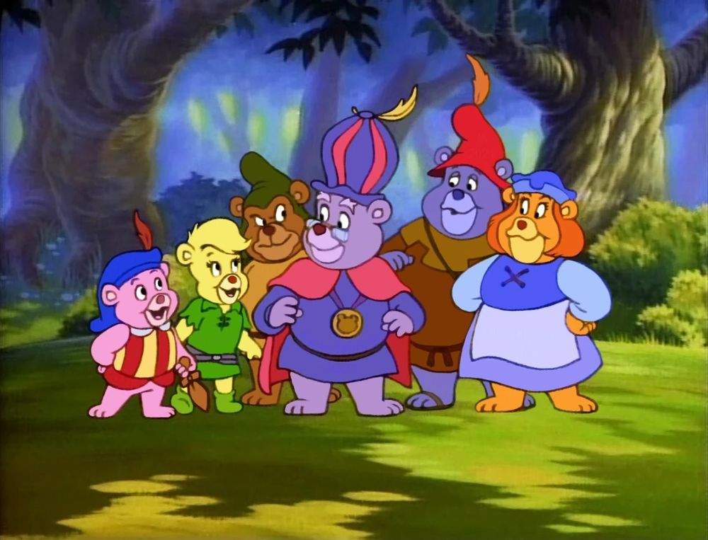 Animated cast of the shoe The Adventures of the Gummi Bears standing in a forest.