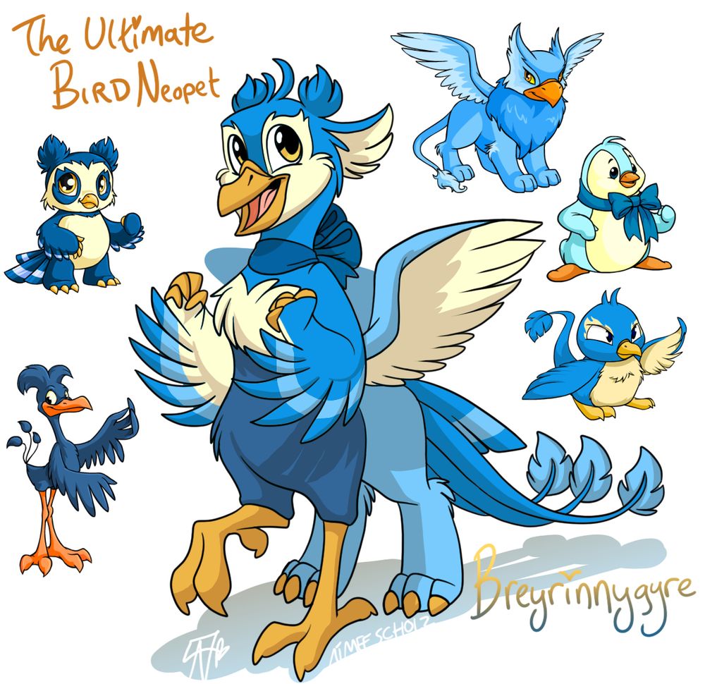 First we have the combination of all the bird-like neopets, the Breyrinnygyre! With the ear tufts, clawed hands, and tail feathers of the vandagyre, the fluffy ears, griffon body, and lion-like tail of the eyrie, the neck ribbon and ahoge of the bruce, the eye markings, wing structure, and tail-tip of the pteri, and the forelegs and silly expression of the lenny, this adorable lil freak of nature is so excited to make friends and go flying!