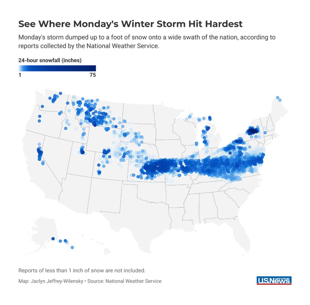 A map showing a band of heavy snowfall from Kansas to Virginia.