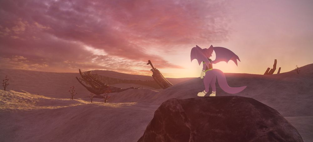 Nimbat standing on a rock with dunes of sand behind him and ruins of an old spaceship