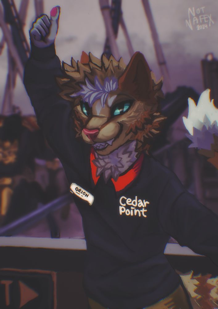Feline character wearing an associate Cedar Fair uniform giving a thumbs up operating the roller coaster Gatekeeper at Cedar Point