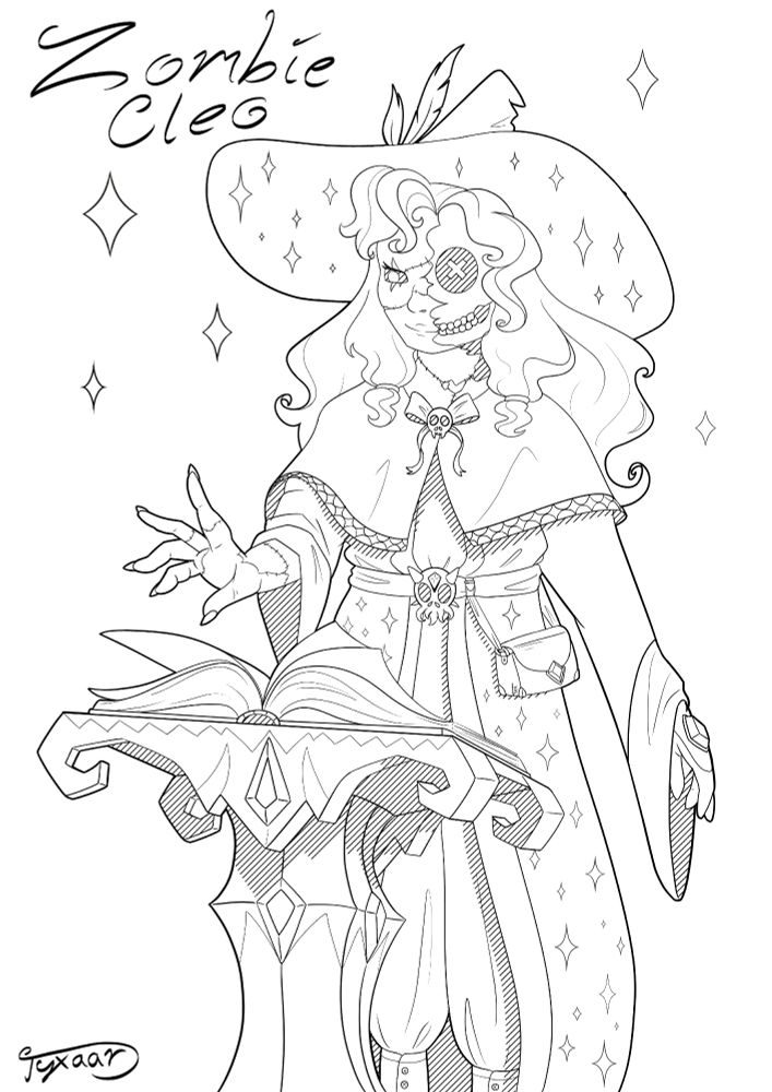 Digital lineart with light hatching featuring ZombieCleo's avatar flipping through a magic grimoire. They are dressed in wizard robes with stars on them and around.