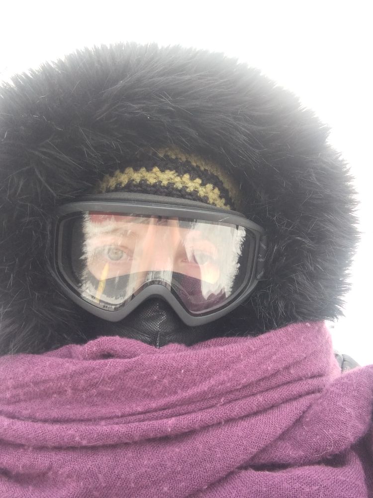 A photo of me in my sub zero winter gear. A black mask covers my mouth and nose and ski goggles  cover the rest of my face. I'm wearing a green and black stripe hat and a fuzzy ruff around my hooded jacket. A purple scarf goes over everything else. 