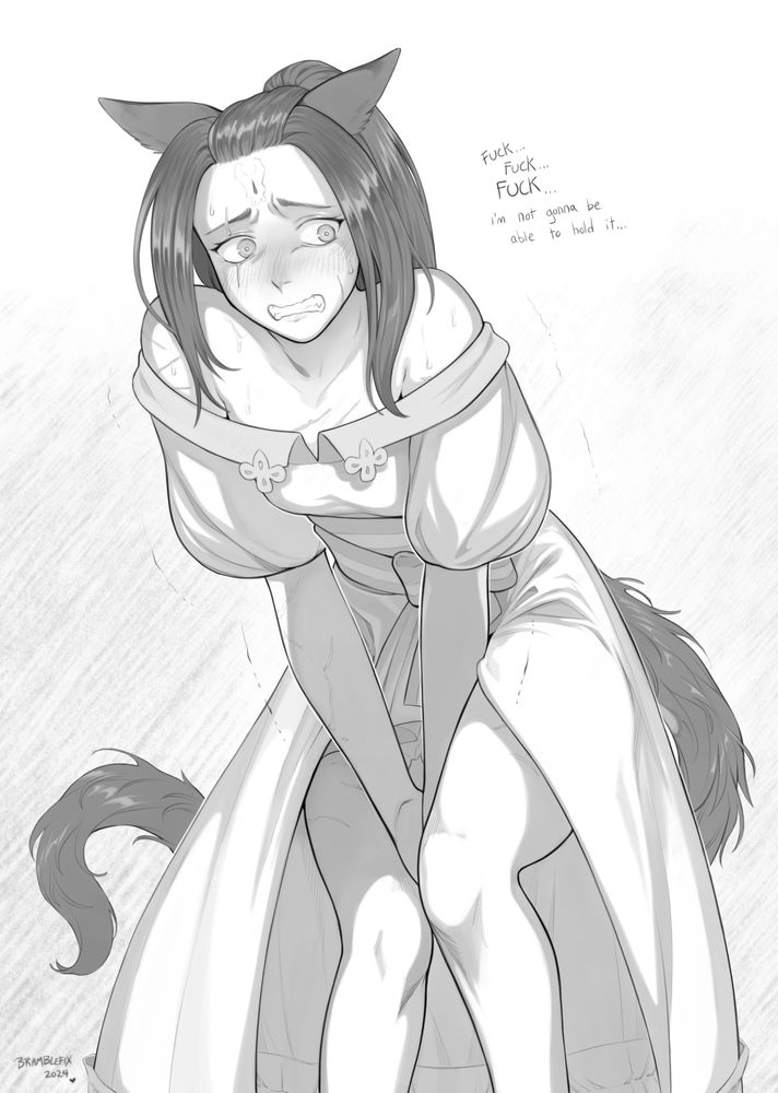 Jhena (a miqo'te woman) in a cute dress. Her hands are pressed between her thighs and her expression looks panicked. "Fuck... fuck... FUCK... I'm not gonna be able to hold it..."