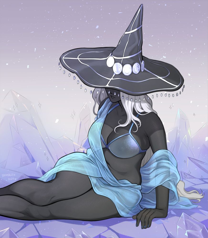 Recluse reclines in crystalline surroundings. She's wearing lingerie with a sheer wrap. Her large witch hat hides her eyes.