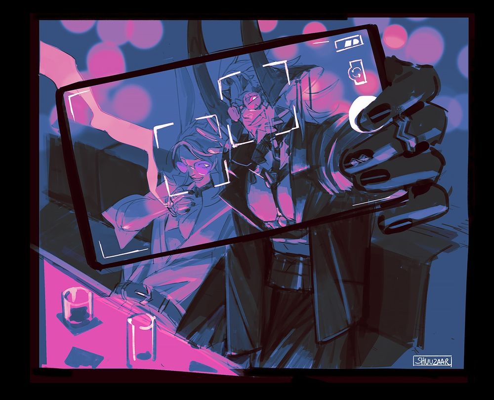 Dancing green and Rhithin taking a picture together at a club, they're both smiling and the lighting is harsh pink and blue