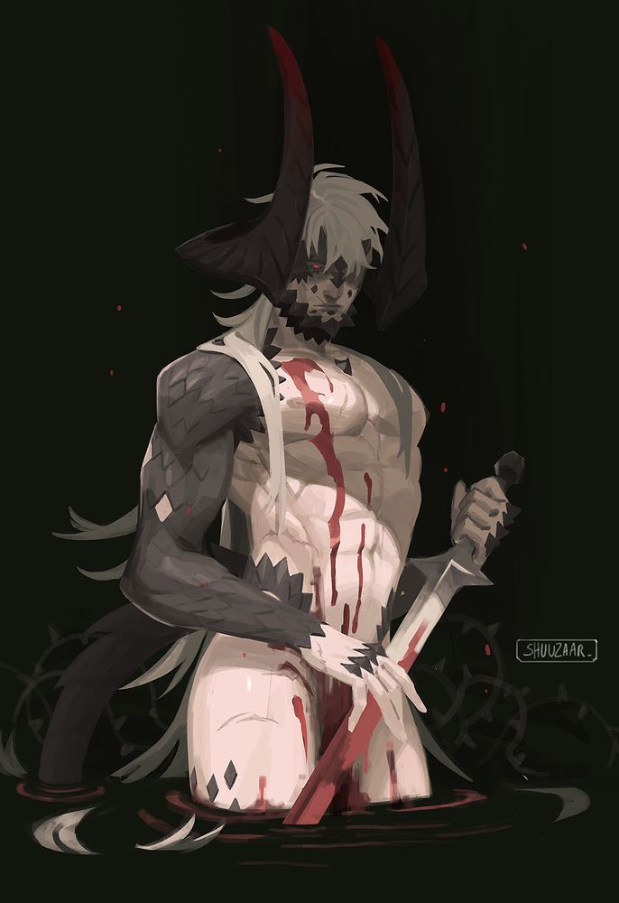 Rhithin standing in a pool of blood, holding a sword