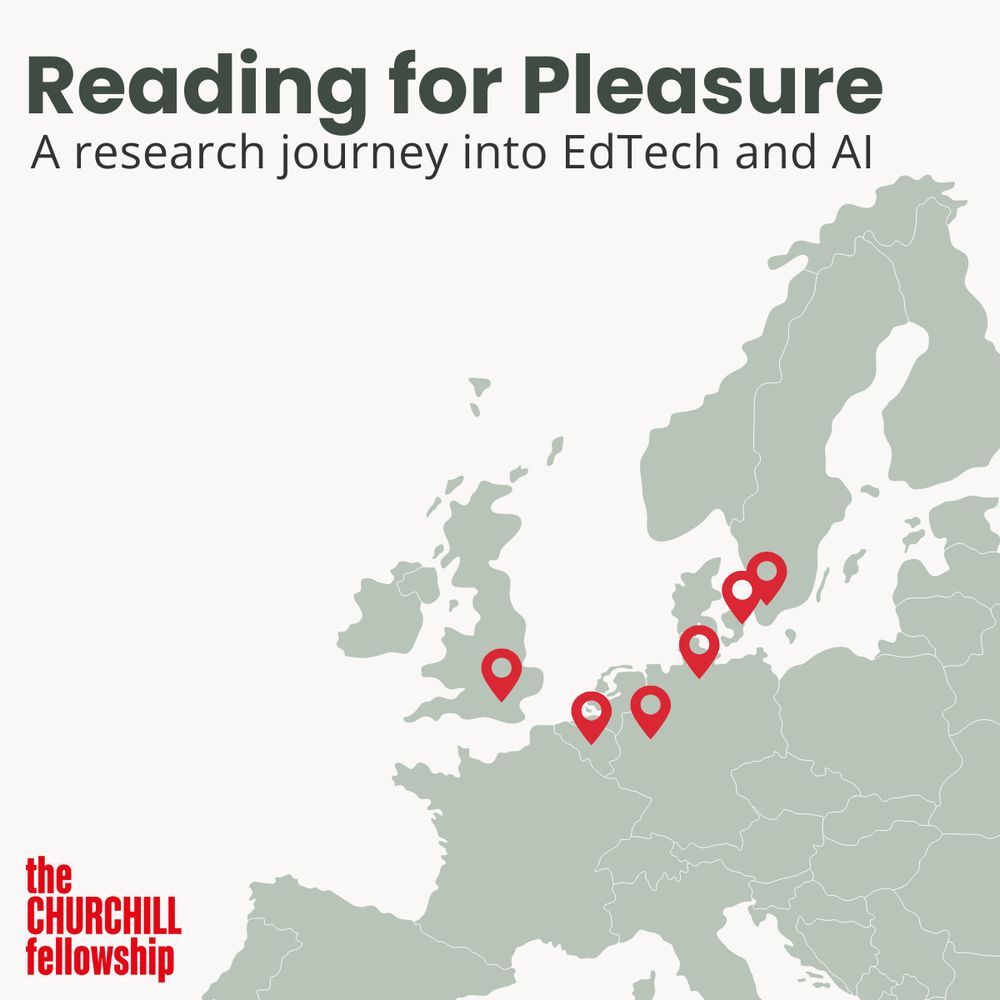 Title: Reading for Pleasure
A research journey into EdTech and Al
Image: Map of Europe with pins in London, Hamburg, Brussels, Cologne, Copenhagen and Mälmo. 