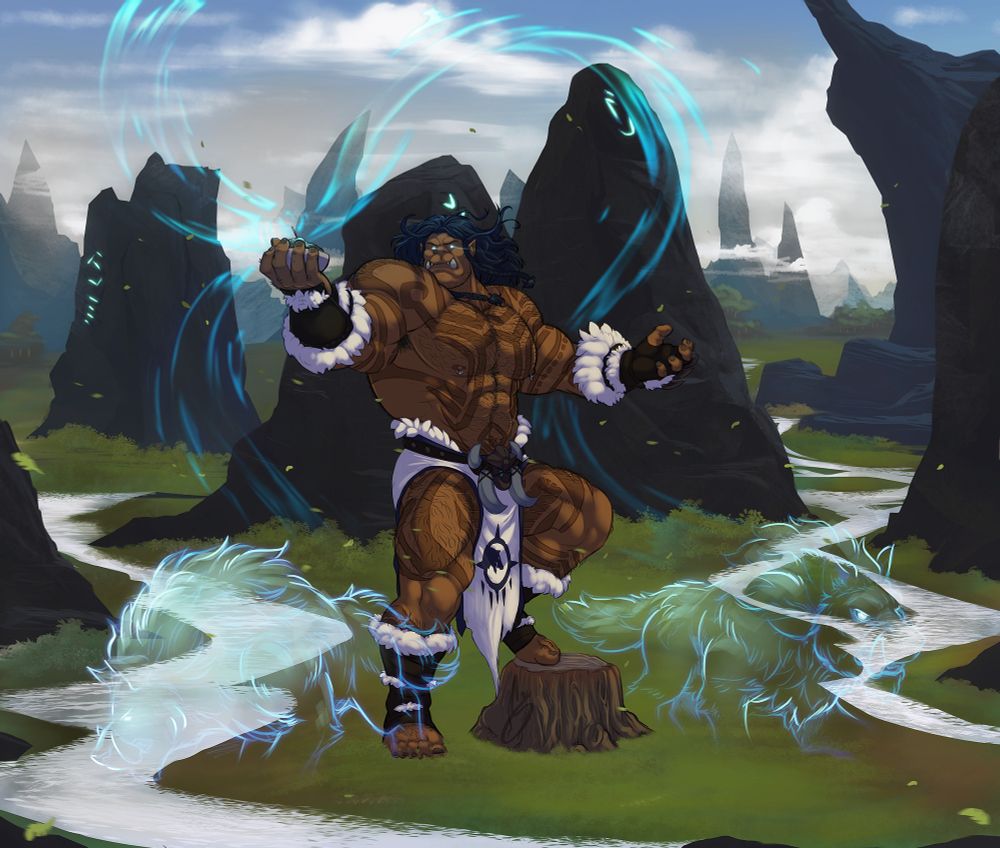 The image is of a tall, powerfully-built male orc with runic/"tribal" tattoos all over his exposed skin, wearing a matching set of deep blue & white, fur-lined loincloth, bracers & ankle-wraps. The loincloth has a silver belt buckle in the form of a wolf head and the front of the loincloth features a blue wolf head in profile in a circle. The orc is standing in a green plain with small bodies of water that form runic patterns around & between large, deep-grey rock formations that are engraved with glowing blue runes. The orc is channeling wispy blue magic to summon a pair of ghost-wolves. there are hills and mountains in the background and the sky is partly-cloudy.