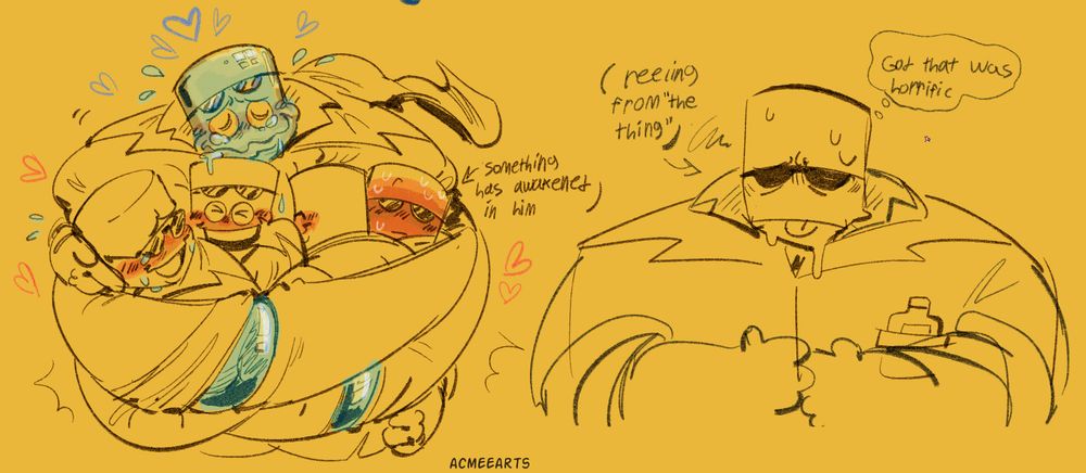 (Left drawing) Juiceman is using the ability to stretch his arms, so he can wrap them around four agents and hug them extremely close. The four agents are the door guard agents he worked with/cares for, as they all have various expressions of happiness and relief, one in tears even as another is bright red in the face with an arrow and text pointing at him. "Something has awakened in him". Juiceman is crying as well, a huge wobbly smile on his face as they're all surrounded by hearts. He's mildly colored blue to match the agents' red blushes.

(Right drawing) Juiceman has both hands against his front/chest, as he sticks his tougue out with a nauseated expression, his head dripping somewhat with both text pointing at him, and a thought bubble. "(Reeling from 'the Thing')", "God that was horrific."