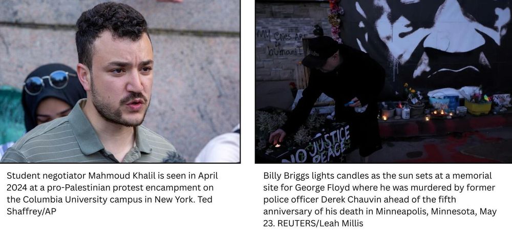 A side-by-side comparison showing two images. Left: A man with dark curly hair and facial hair wearing a green striped polo shirt speaks to reporters, with microphones visible in the foreground and other people in the background. Right: A person in dark clothing kneels beside a memorial wall featuring large black and white portraits, with lit candles, flowers, and tributes placed on the ground, and a 'No Justice No Peace' sign visible in the foreground during what appears to be a nighttime vigil.