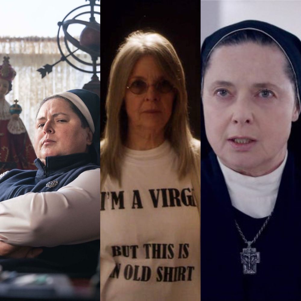 A triptych of pictures of three fictional nuns:

Left: Sister Michael from Derry Girls is sitting behind a desk, arms crossed. She is wearing her habit and looks unimpressed.

Middle: Sister Mary from The Young Pope. She is bear headed and wearing dark glasses. She’s dressed in her pyjamas, the top of which are white and read “I’m a Virgin. But this is an old shirt”

Right: Sister Agnes from Conclave. She is also wearing her habit and looks both determined and angry. Around her neck is a thick silver crucifix 
