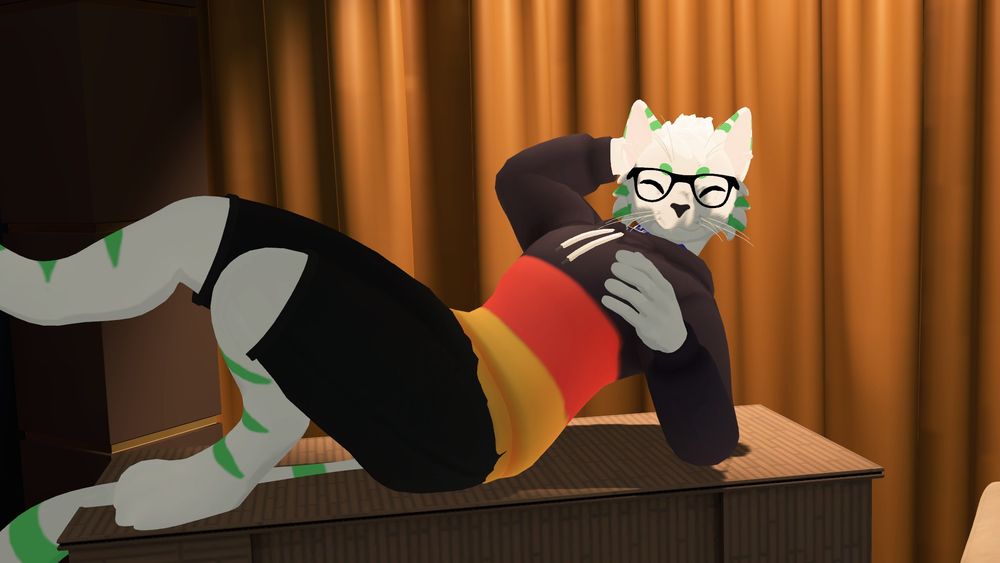 VRChat Dex laying on a table, posing like one of your french girls. 

VRChat Dex liegt auf einem Tisch und posiert wie eines deiner französischen Mädchen