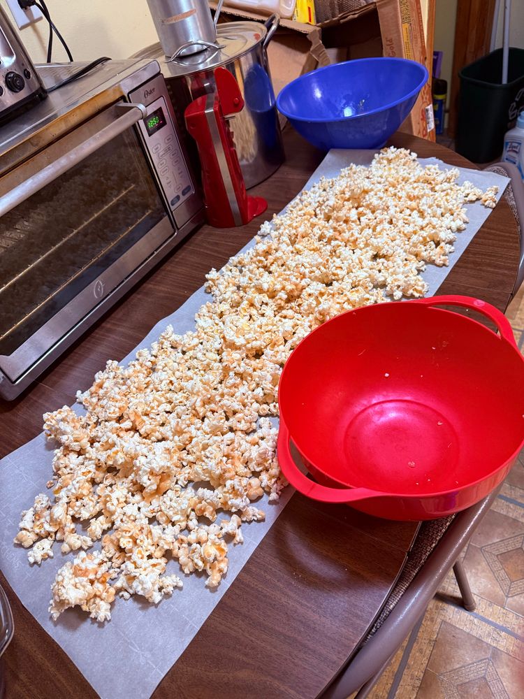 Popcorn covered in caramel. 