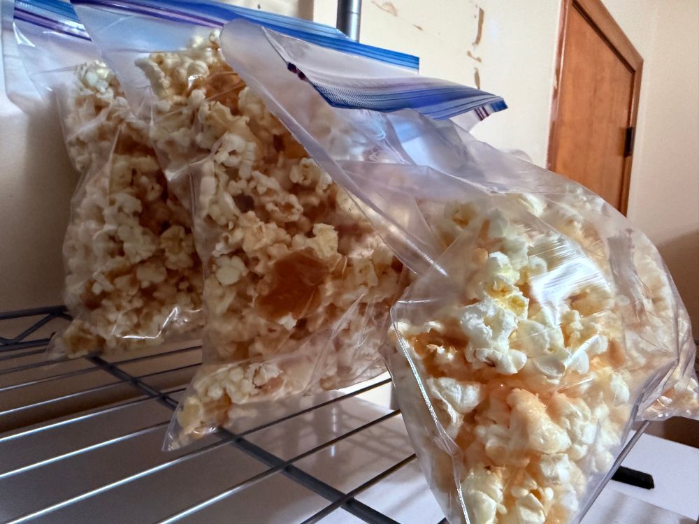 Bags of caramel popcorn. 
