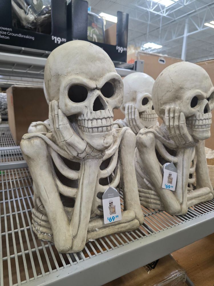 decorative skeletons on a shelf they have their skull resting on their hands lile they are deep in thought, perhaps lust