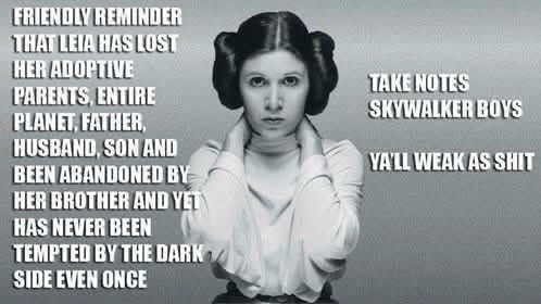 A picture of Princess Leia from Star Wars against a blank background. The caption reads: “Friendly reminder the Leia has lost her adoptive parents, entire planet, father, husband, son, and been abandoned by her brother and yet has never been tempted by the dark side even once. 

Take notes Skywalker boys.
Y’all weak as shit.”