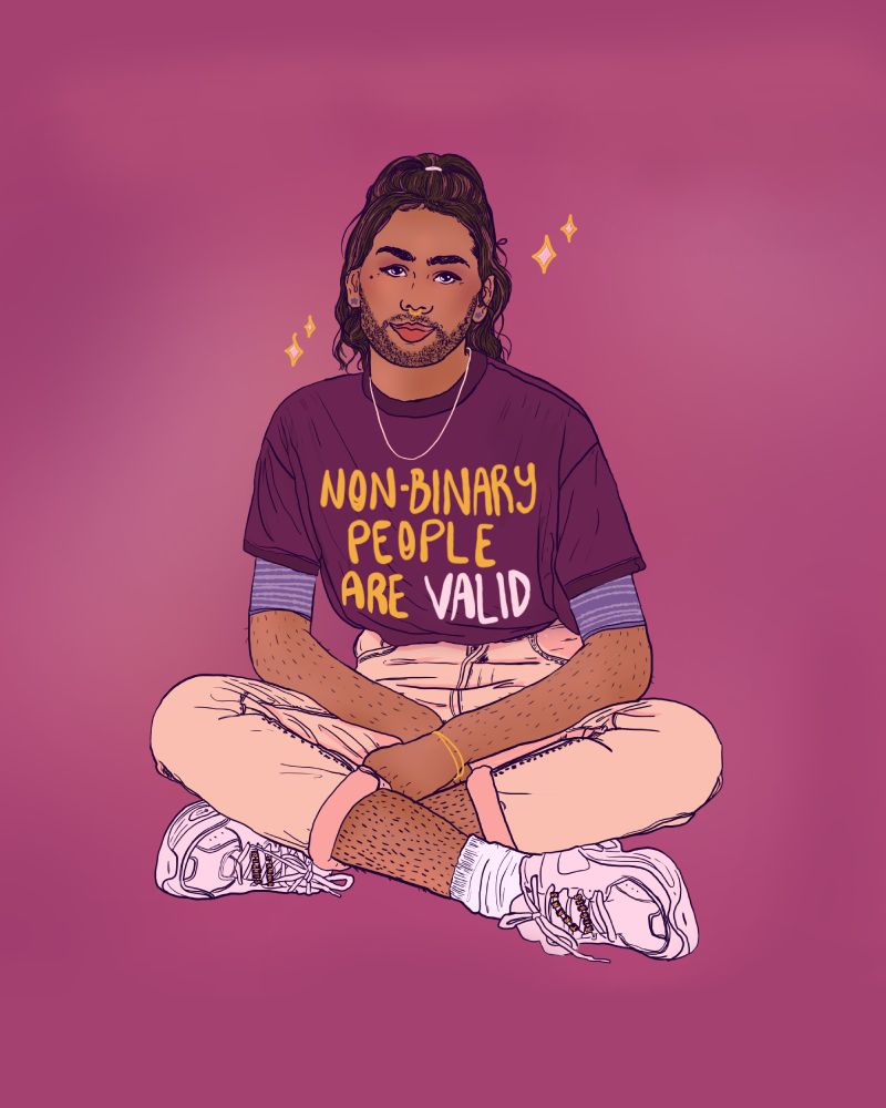 Digital illustration of a non-binary person with brown skin, and wavy dark brown hair tucked into into a bun. They have a beard, nose ring, and silver chain necklace. They are wearing a purple shirt that reads, 'nonbinary people are valid' with light pink pants and white sneakers.
