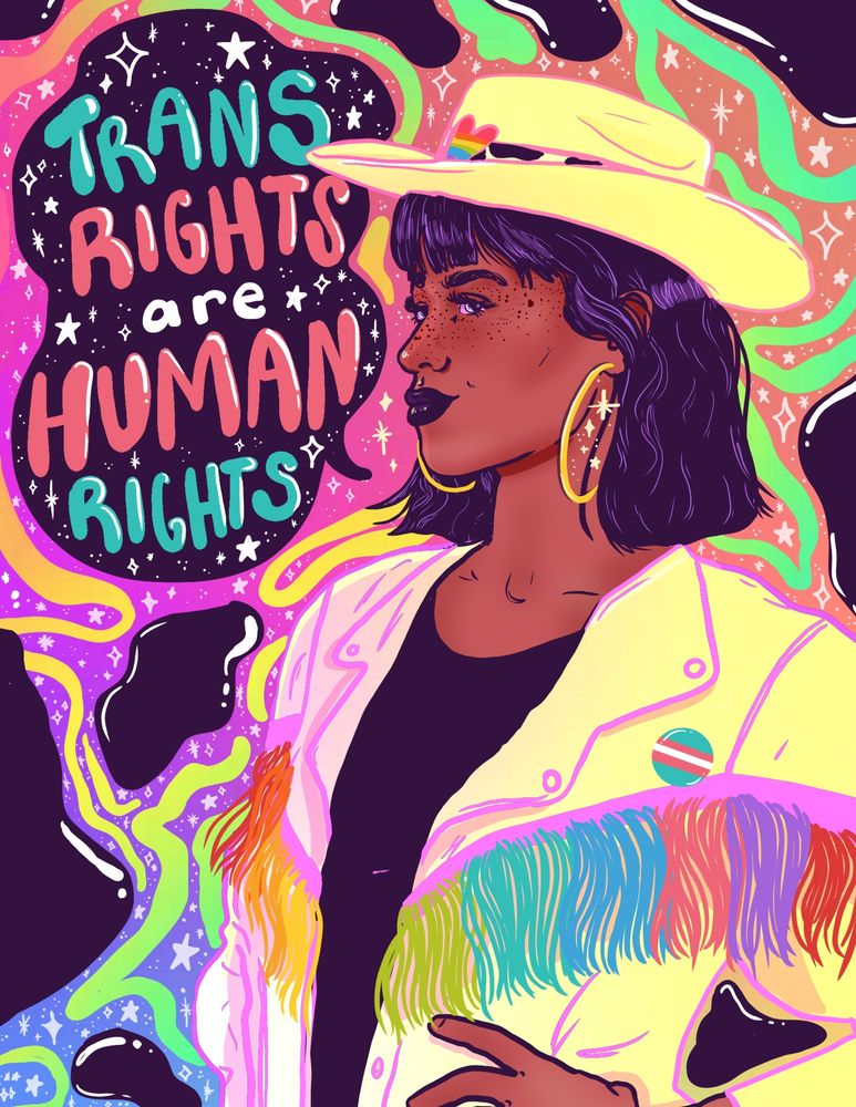 Digital illustration of a brown person in Western attire looking at the viewer with their hand on their hip. The background is a rainbow gradient with cow print and hand drawn sparkles and stars. The person is wearing a jacket with a trans flag pin and a rainbow fringe. They also have freckles, hoop earrings, and a cowboy hat that has a cow print and rainbow heart buckle. The text on the first image reads, 'YALL means all’ and the second image reads, ‘trans rights are human rights.'
