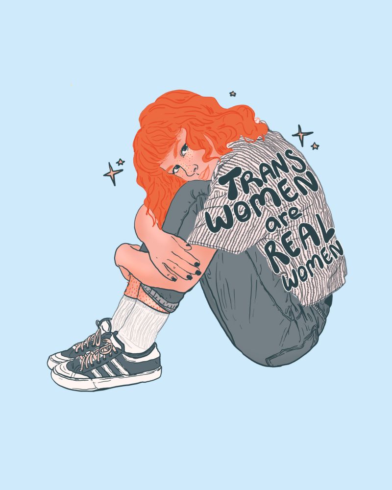 Digital illustration of a woman with her arms wrapped around her ankles. She has orange hair, blue jeans, a blue striped shirt, ankle socks and blue sneakers. Text reads, 'trans women are real women.'
