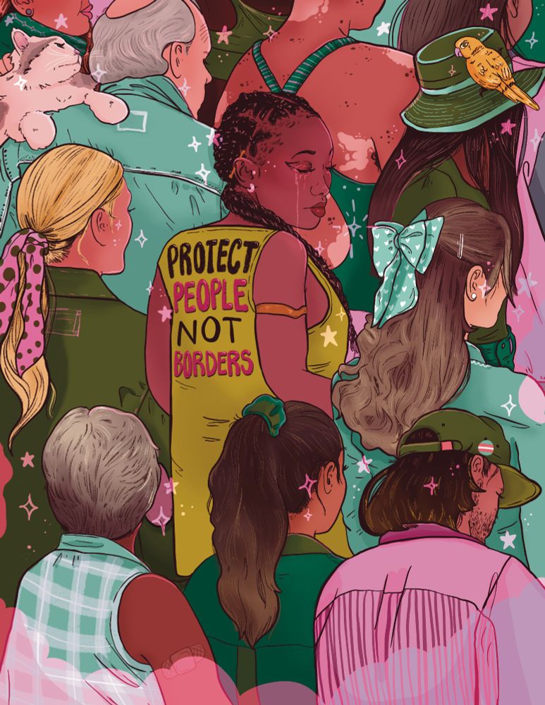 Digital illustration of a large group of people of different ages, genders, races, sexualities and abilities. There is a cat and bird among the crowd. Everyone is turned away except a Black fem in the center who is wearing a tank top that reads, 'protect people not borders.'