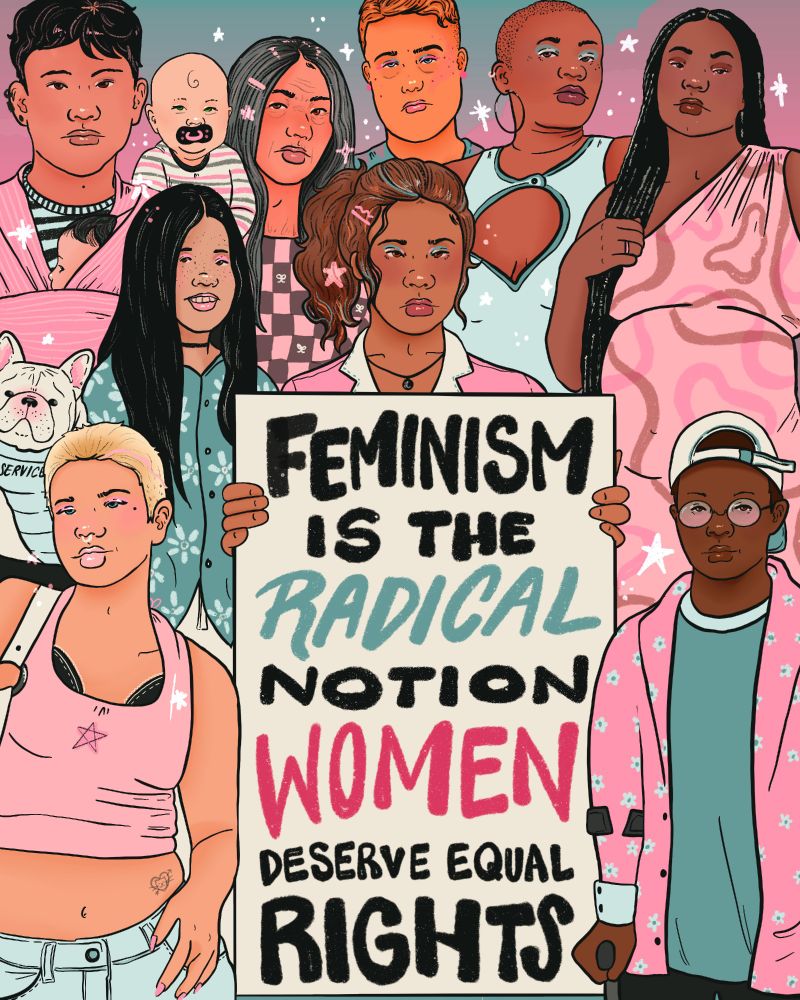 Large group of people of different ages, races, genders, sexualities and abilities. Text reads, 'Feminism is the radical notion women deserve equal rights'
