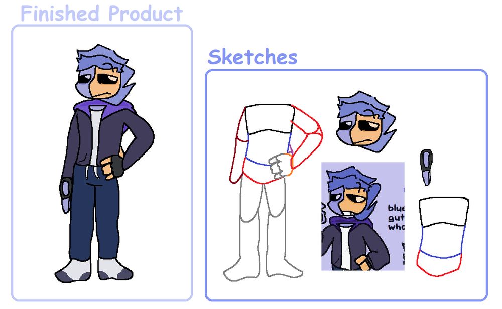 anatomy practice art of dbruh's sona. on the left is the finished product: with his left hand on his hip. on the right is a bundle of references images and rough sketches