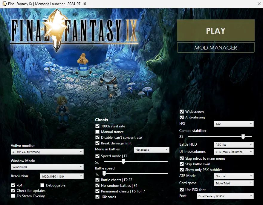 A screenshot of the Memoria Patcher startup window, with a very wide variety of options to adjust FF9 gameplay, graphics and sound.