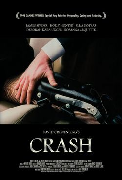 The poster for the 1996 David Cronenberg movie Crash, depicting a closeup of a man's hand caressing a woman's leg in a knee brace, splayed over a car seat.