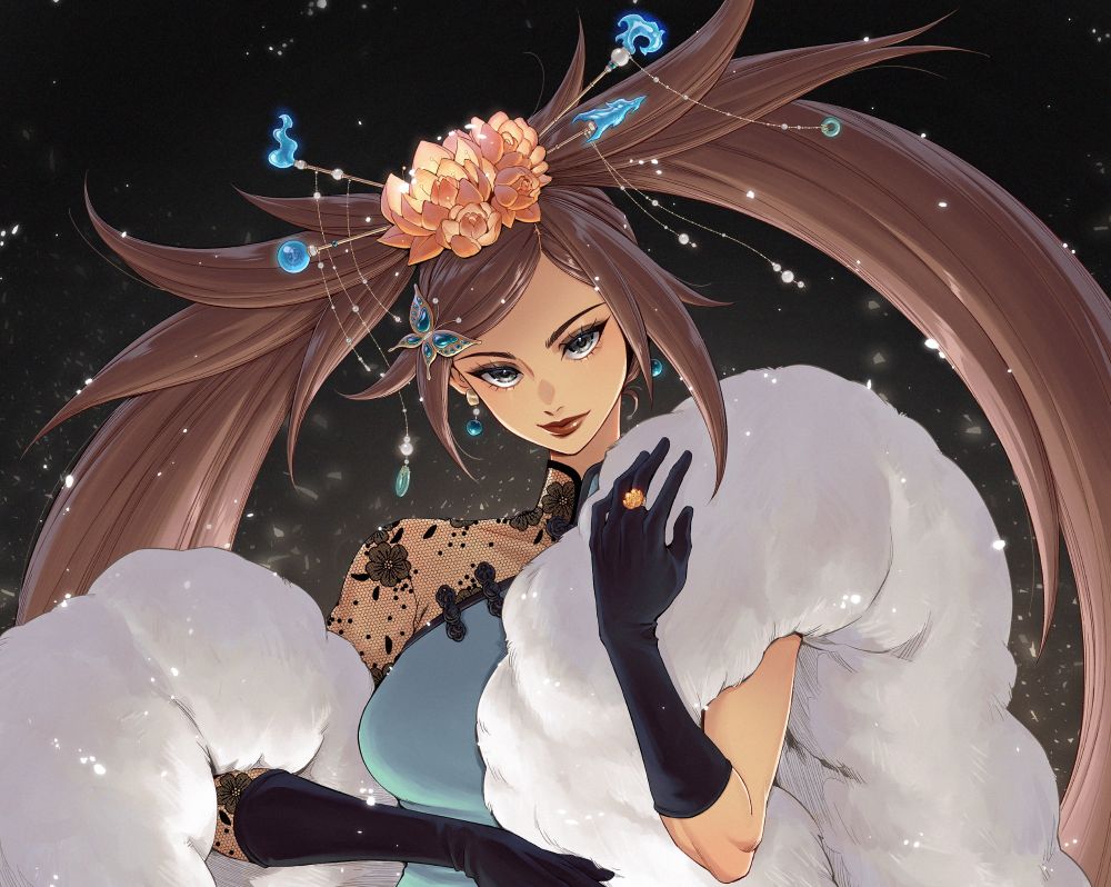 Jam Kuradoberi from Guilty Gear Xrd, glammed up in an asymmetric lace qipao, black silk gloves, a big fluffy white fur boa, flower crown, and bejeweled hairpins symbolic of her iconic special moves. 