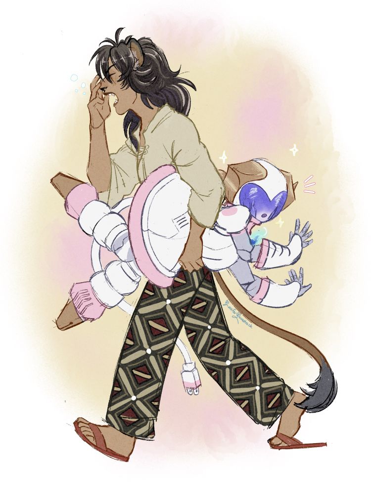 fanart of Leona Kingscholar and ORTHO Shroud in their respective Room Relaxation vignette outfits. Leona is yawning and walking along while he carries Ortho away under his arm for a nap