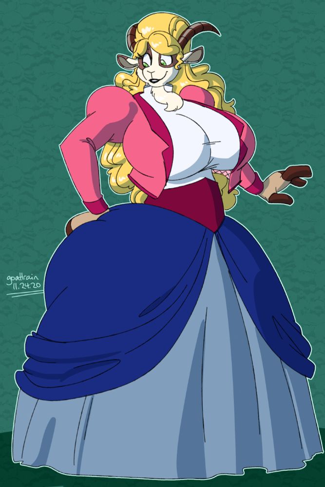 An anthropomorphic goat woman with long voluminous blonde hair and green eyes and curled horns is depicted in a cartoon style. She wears a pink, open jacket with puffy shoulders on the long sleeves over a white top and a dark red belt. Her large, blue and periwinkle dress flares out to the ground. She has her hand on her puffy skirt pushing the skirt in slightly as if feeling the puffy bustle of the skirt while her other hand is free The background is a textured green background.