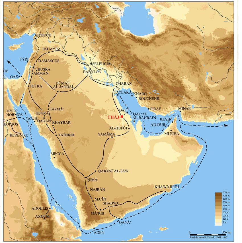 Location of Thaj in Easter Arabia not far from the Arabian Gulf