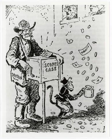 Cartoon with the city of Dayton, Tennessee, where the Scopes trail was held, represented as an organ grinder. The organ is labeled “Scopes trial,” and the grinder’s monkey is collecting dollars labeled “publicity.” 