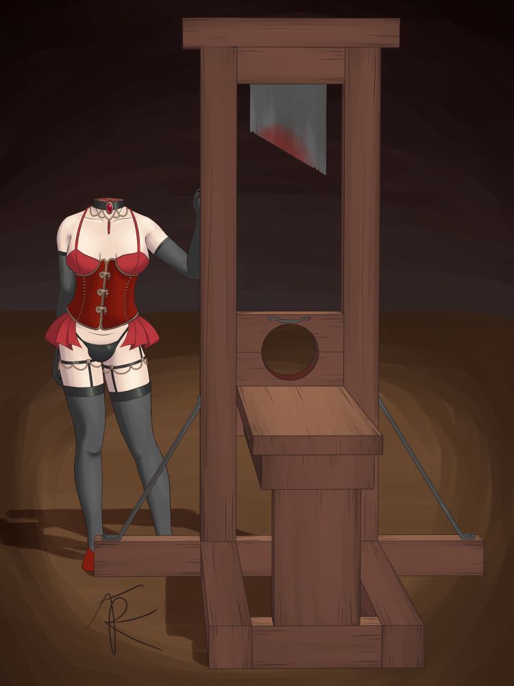 A headless woman's body standing next to a guillotine, resting her hand on one of its supports. The woman is wearing a red corset, long black gloves and stockings, and a black choker with a large ruby on the front.