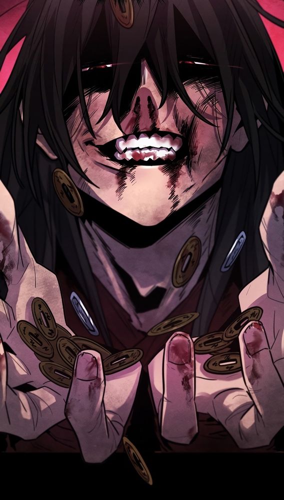 Close up shot of the MC of the manhwa, Return of the Crazy Demon. It shows him covered in blood, smiling wide, and holding a number of coins.