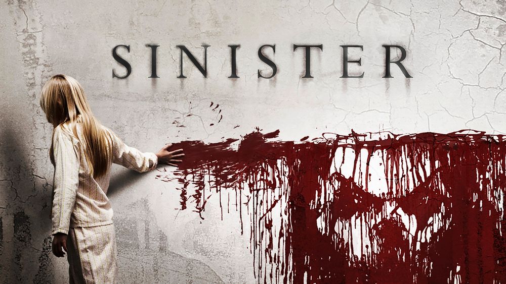 Poster for the horror film, Sinister, 2012. Shows a young blonde girl wiping a blood trail across a white wall. The blood flowing down reveals the image of a horrifying face.