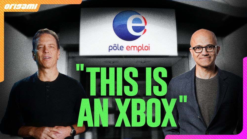 Un montage photo présente Phil Spencer et Satya Nadella devant la façade d'un bureau Pôle Emploi. Il est écrit "This is an Xbox".