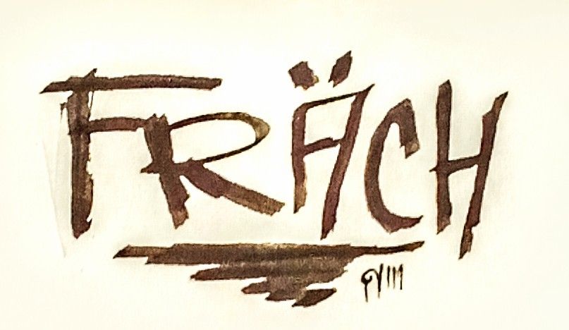 Mit groben Großbuchstaben dargestelltes Schriftbild des Wortes "FRÄCH" mit schwarzer Farbe auf leicht grauem und gefiltertem Untergrund. Die Buchstaben wirken etwas verzerrt.