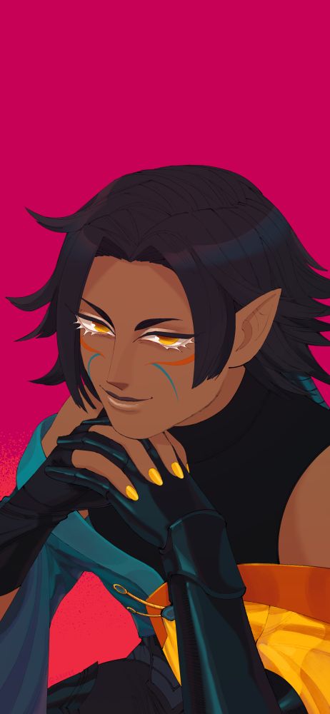 bust image of a medium-dark skinned character with pointed hair and medium-length black hair. they have their hands folded underneath their chin; one hand has shiny golden nails and the other hand is made of iridescent chitin. they are smiling mischievously. they have golden half-lidded eyes and long white bottom lashes. the background is solid bright pink.