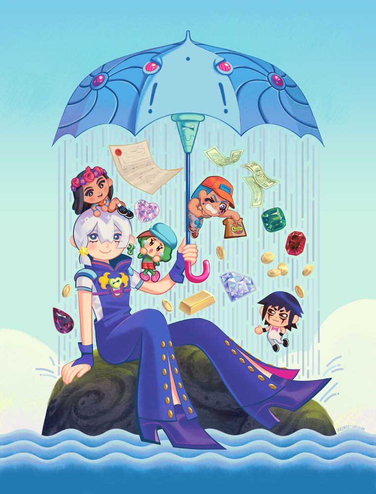jodio joestar sitting on a mossy lava rock in the middle of the ocean. hes happy to be surrounded by his sibling and friends, who are chibis raining down from his umbrella alongside SHINY RICHES