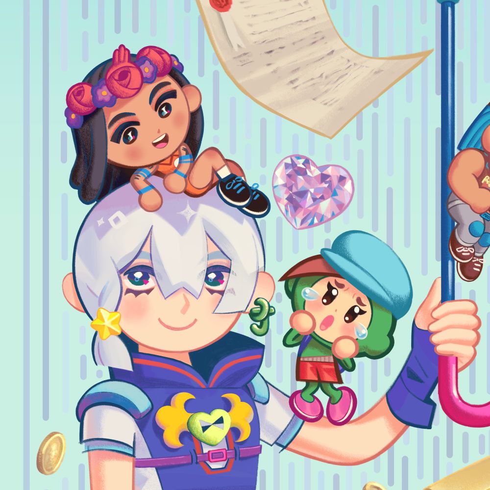 dragona leans on top of jodio's head while usagi cries in jealousy