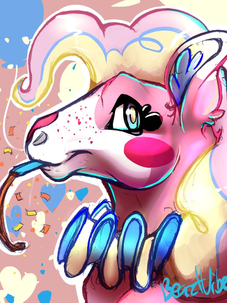 Drawn is a MLP pony drawn in a very cartoony style. The character is clown themed and has a ruffle clown collar and party blower with confetti
