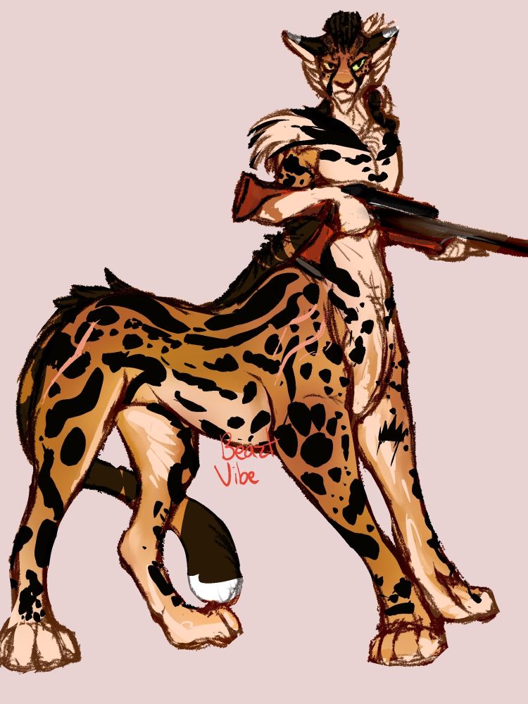 Drawn is a king cheetah based taur holding a type of rifle. The taur has a black bleeding crown like tattoo on the inner left foreleg and a crown like tuft behind the left ear.