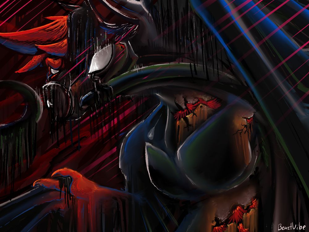 Drawn is tag's character turing into their corrupted goo dragon snake form, while the form is being corroded by the host's remnents. The host is dripping black goo from their eyes, mouth, face, and other parts of the body.